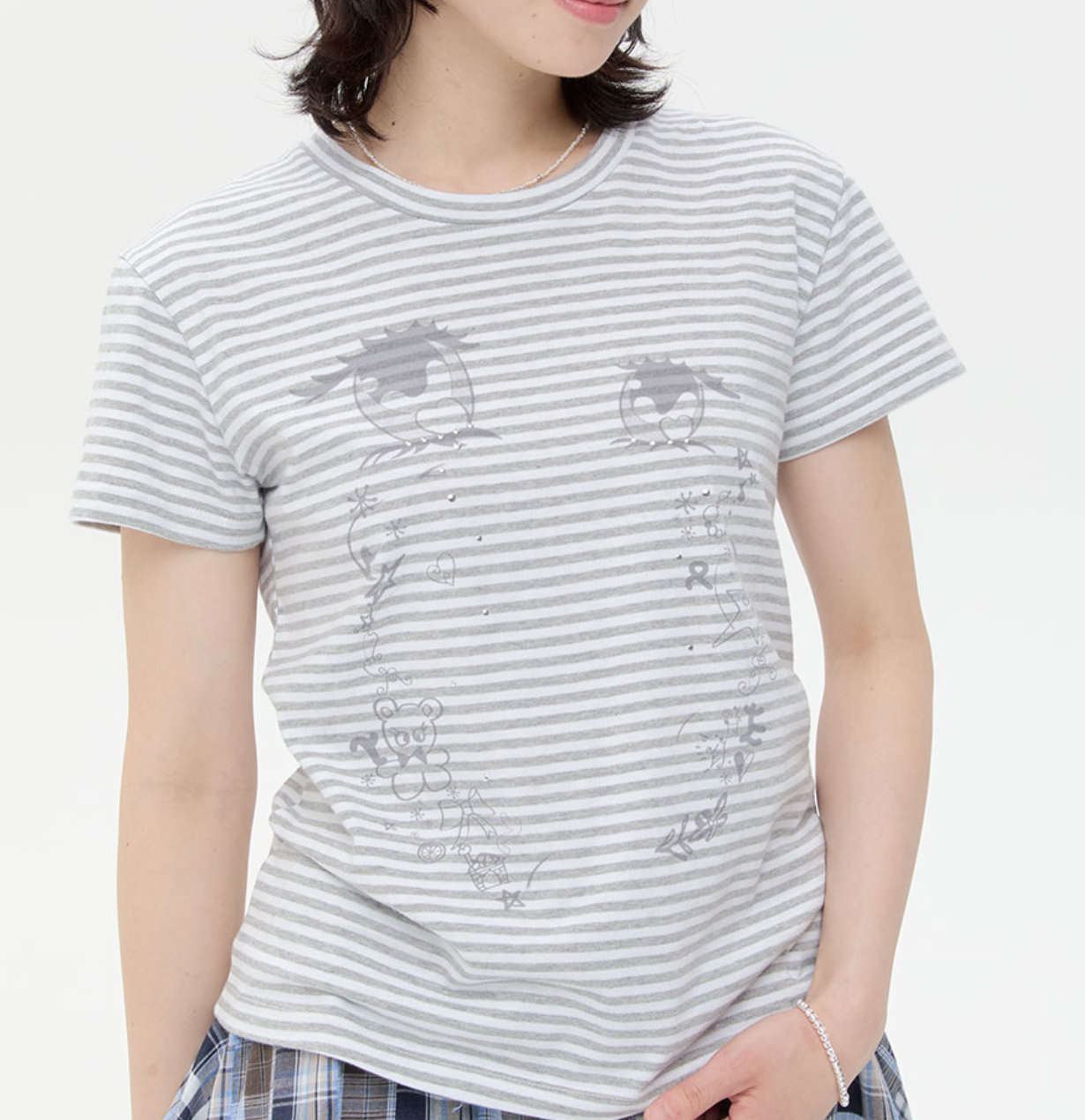 【typeservice】Cry Eyes Stripe Short Sleeve Top - grey