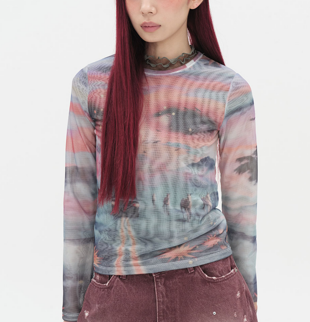 【typeservice】Sunset Eye Mesh Top [ Orange ]
