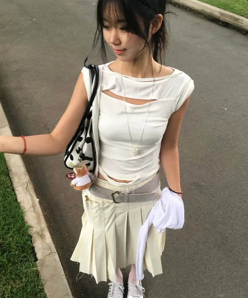 【Flare up】Asymmetrical Draped Strap Roll-Up T-Shirt [4 colors]