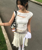【Flare up】Asymmetrical Draped Strap Roll-Up T-Shirt [4 colors]