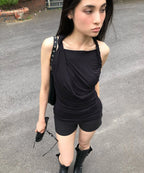 【Flare up】Braided Asymmetrical Sleeveless [Black / White / Gray]