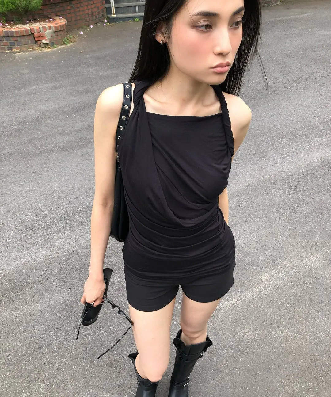 【Flare up】Braided Asymmetrical Sleeveless [Black / White / Gray]