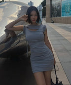 【Flare up】Asymmetrical Draped Strap Roll-Up Dress [Black / White / Gray]