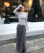 【Flare up】Asymmetrical Draped Long Skirt - 3 colors