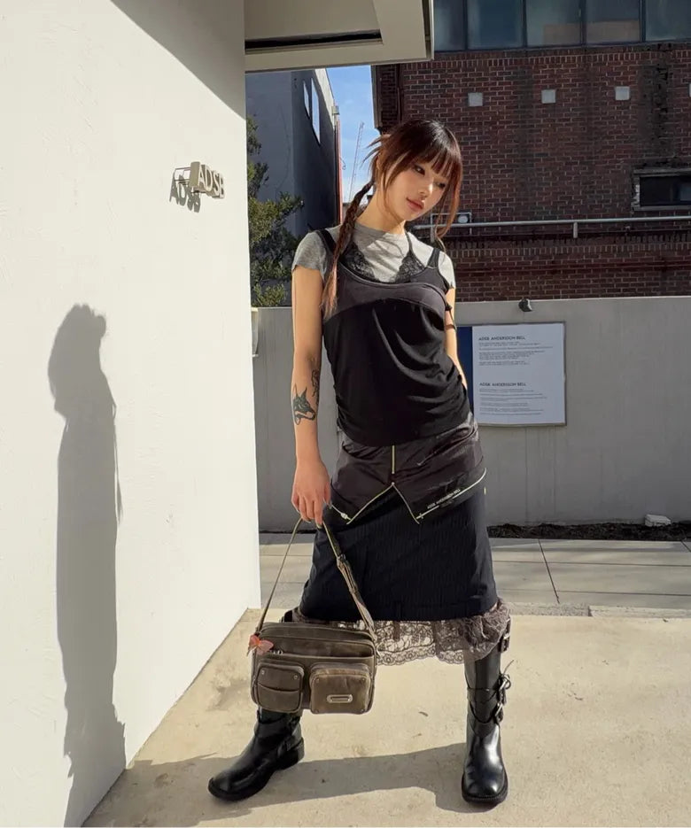 【ADSB】UPSIDE-DOWN LAYERED T-SHIRT [ PINK/BROWN / GREY/BLACK ]