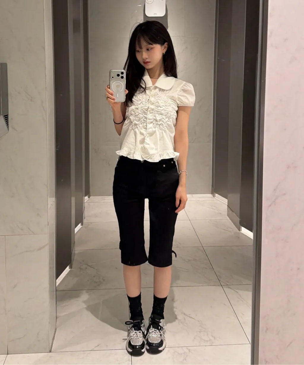 【Flare up】Cloud Puff Blouse [Black / White]