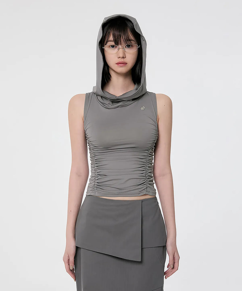 【Flare up】Hooded High Neck Sleeveless [Gray / Black]