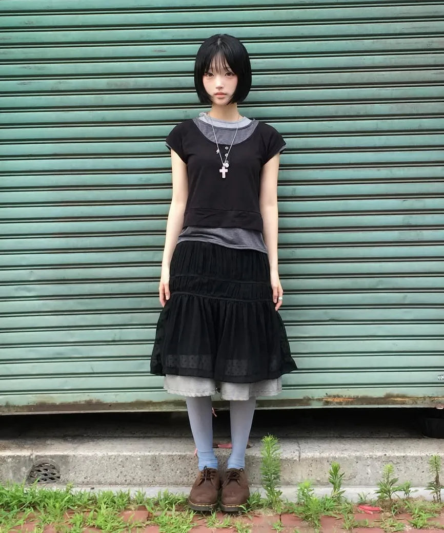 【Flare up】3-Layered Henley T-shirt [Black / Gray]