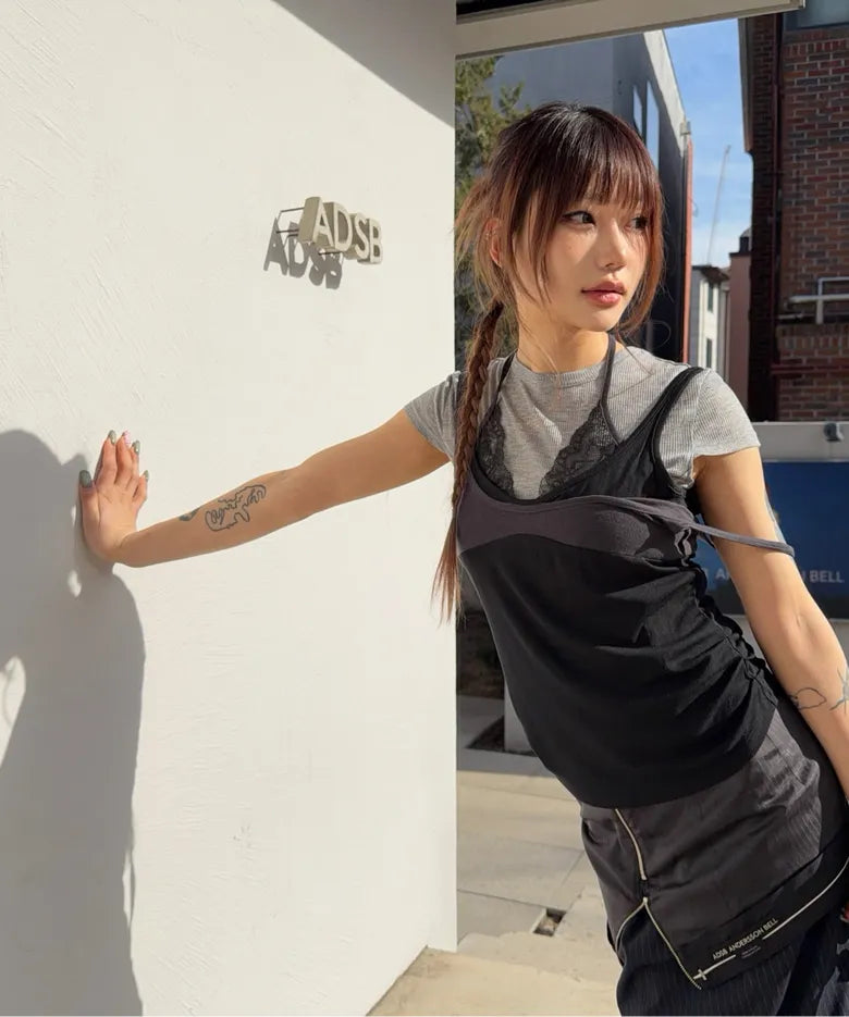 【ADSB】UPSIDE-DOWN LAYERED T-SHIRT [ PINK/BROWN / GREY/BLACK ]