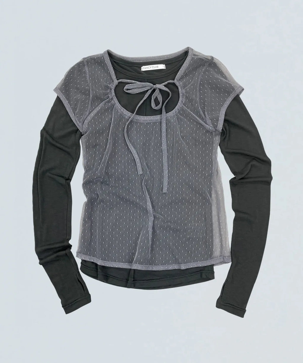 【Fancy Club】3-WAY DOT LAYERED LONG SLEEVE [Beige / Gray]