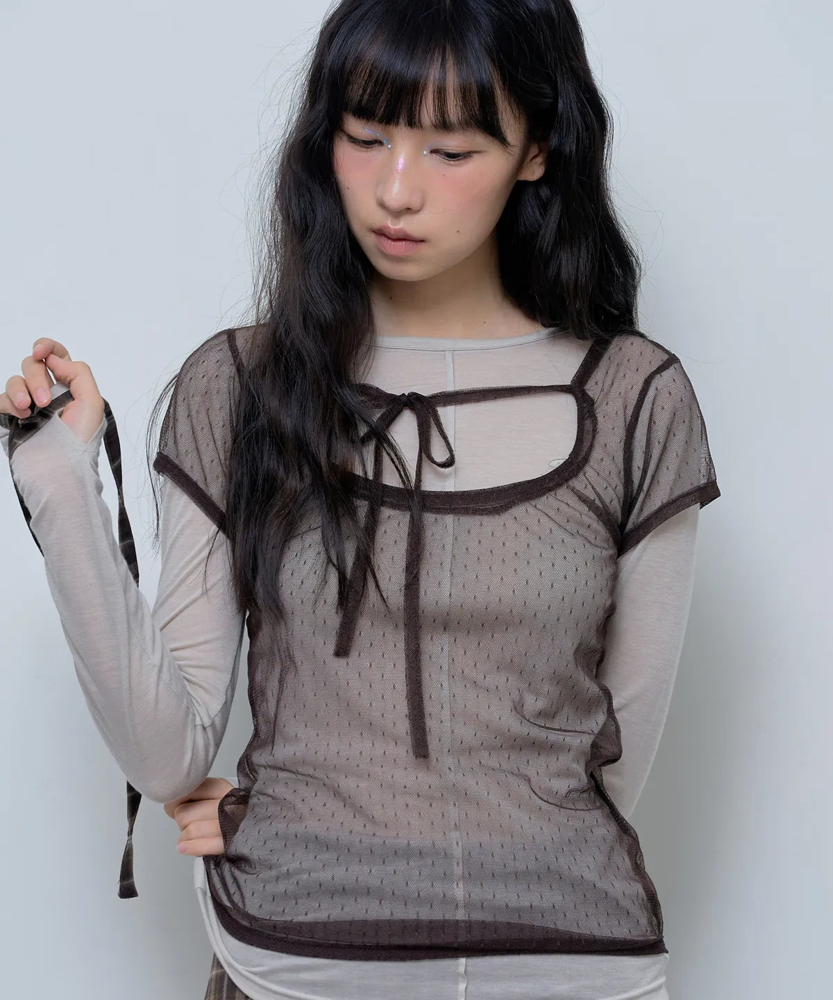 【Fancy Club】3-WAY DOT LAYERED LONG SLEEVE [Beige / Gray]