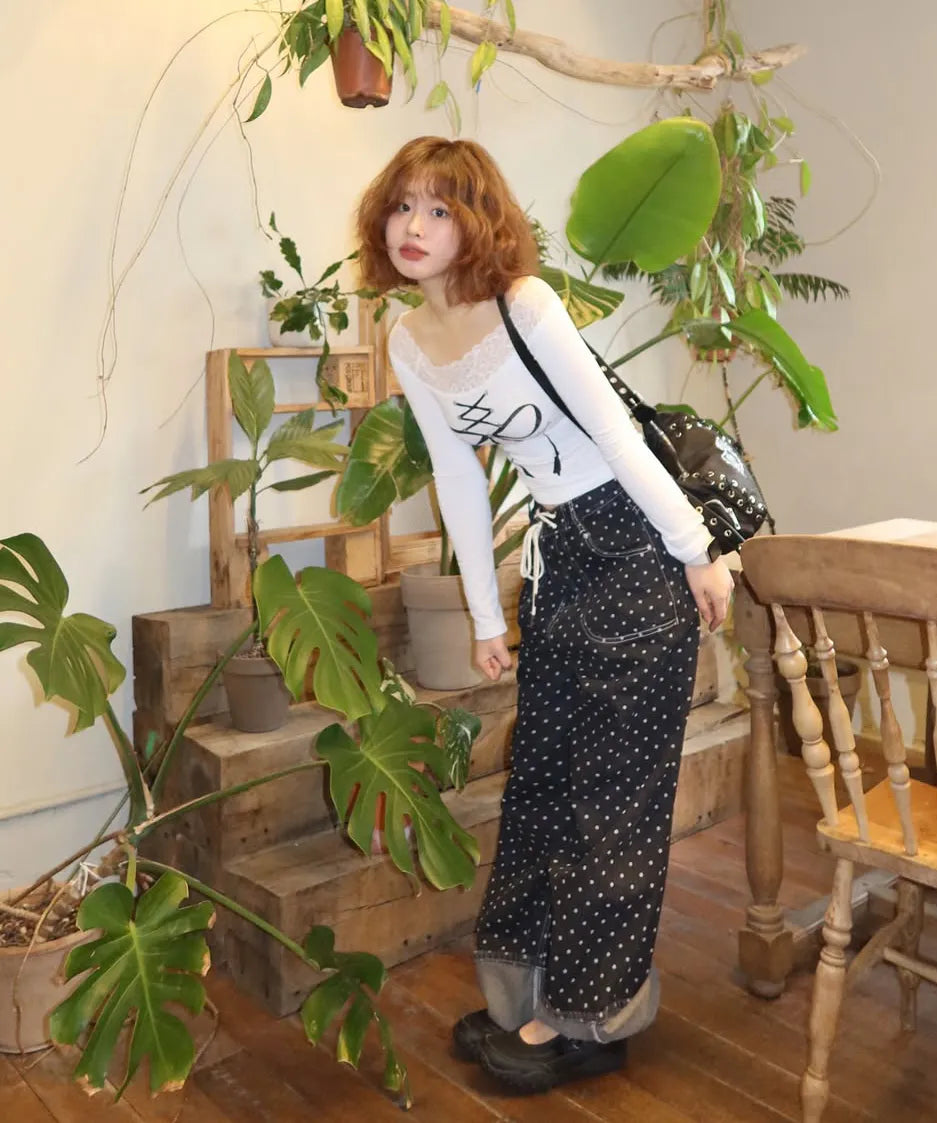 【Fancy Club】STRING DOT ROLL-UP PANTS [Black / Blue]