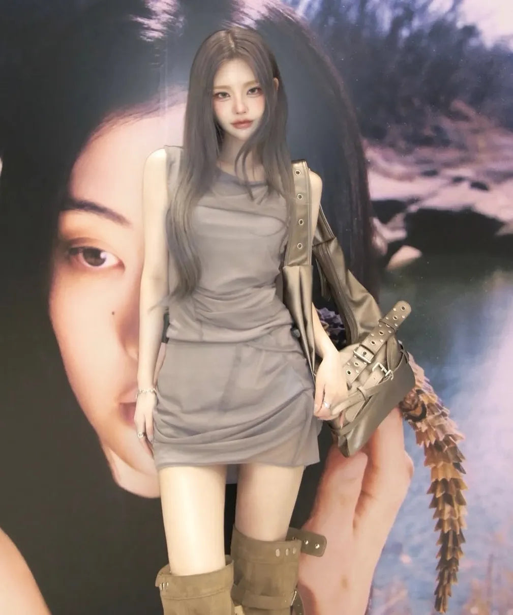【Flare up】Draped Mesh Layered Mini Skirt [Black / Gray]
