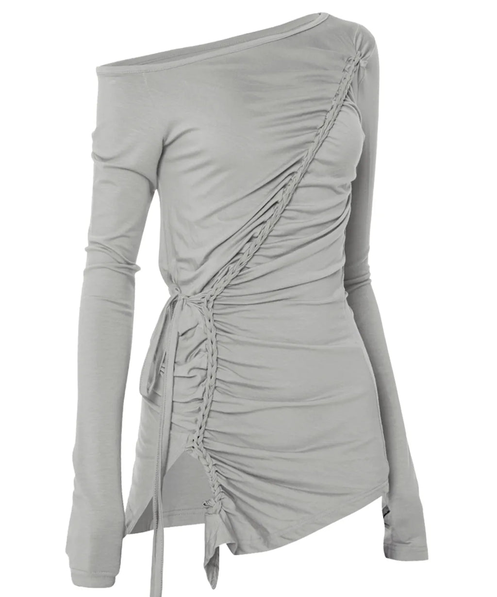 【Flare up】Handmade Twisted One-Shoulder Long Sleeve [Black / White / Gray]
