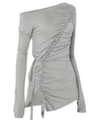 【Flare up】Handmade Twisted One-Shoulder Long Sleeve [Black / White / Gray]