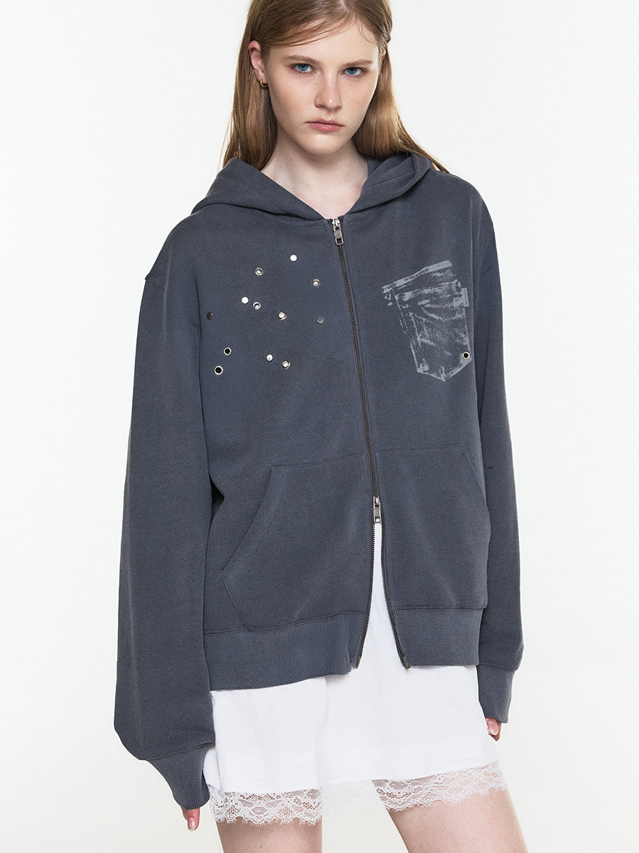 【3hreeto8ighty】EYELET POCKET HOODIE ZIP-UP - 2 colors