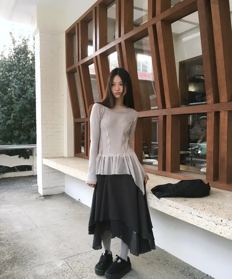 【Flare up】Layered Lace Frill Long Sleeve - 3 colors