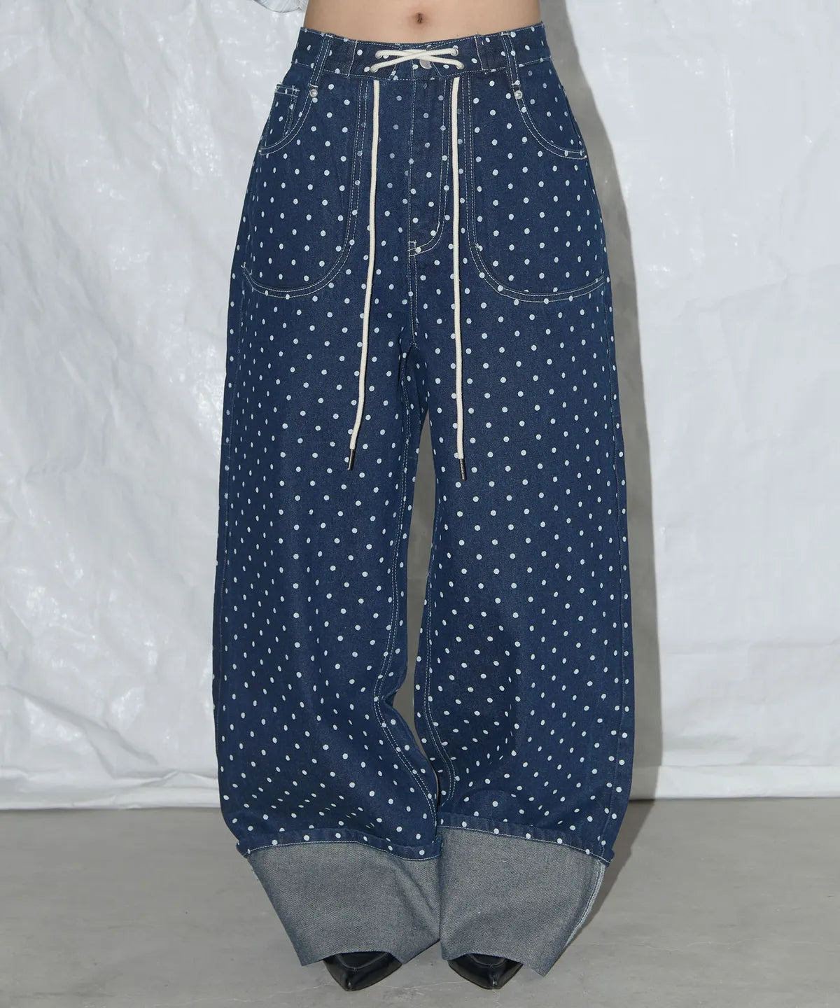 【Fancy Club】STRING DOT ROLL-UP PANTS [Black / Blue]
