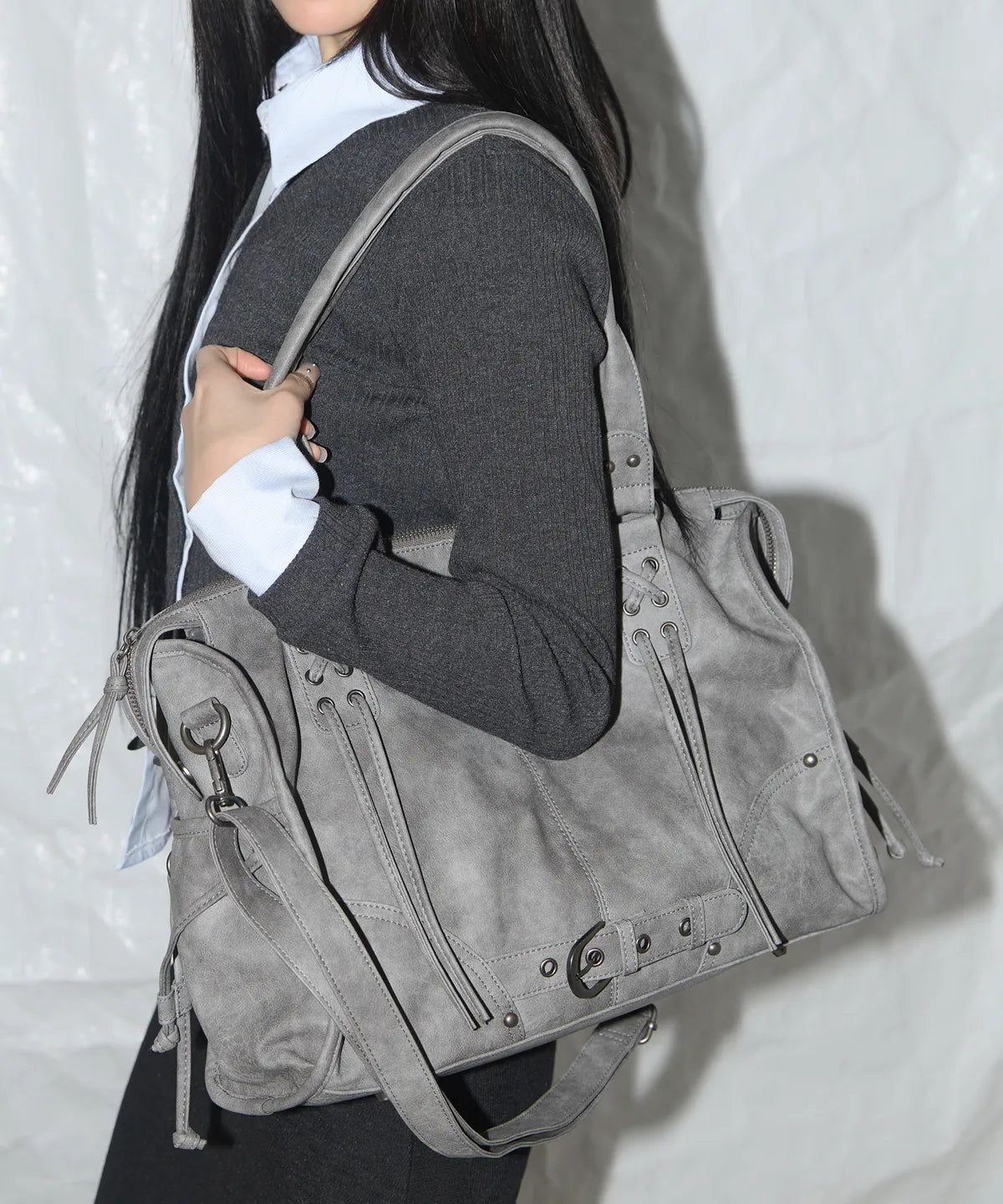 【Fancy Club】BELTED WASHING LEATHER BAG [Black / Gray / Baby Pink]