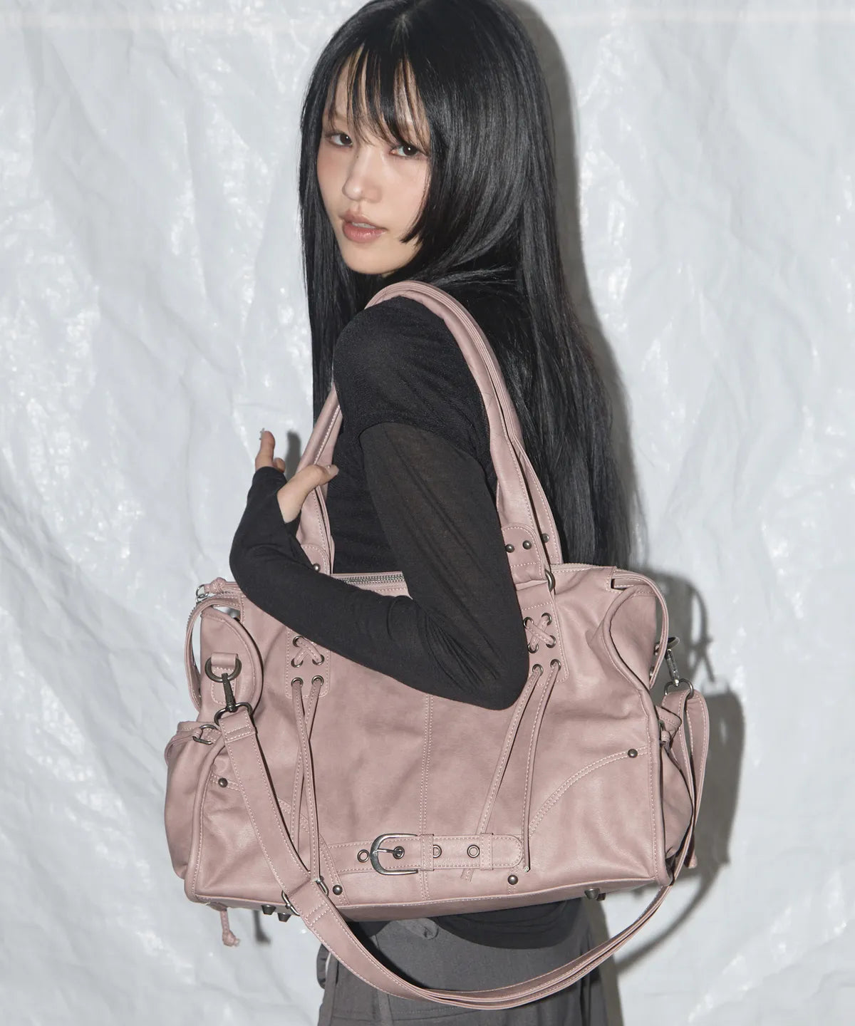 【Fancy Club】BELTED WASHING LEATHER BAG [Black / Gray / Baby Pink]