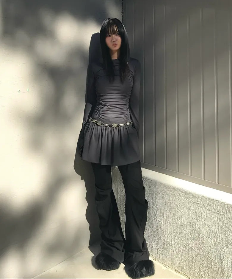 【Flare up】Hooded High Neck Long Dress - 3 colors