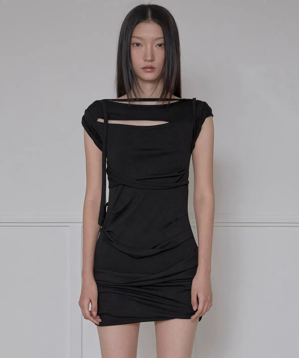【Flare up】Asymmetrical Draped Strap Roll-Up Dress [Black / White / Gray]