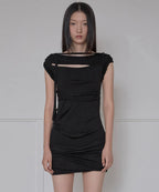 【Flare up】Asymmetrical Draped Strap Roll-Up Dress [Black / White / Gray]