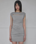 【Flare up】Asymmetrical Draped Strap Roll-Up Dress [Black / White / Gray]