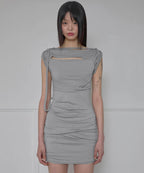 【Flare up】Asymmetrical Draped Strap Roll-Up Dress [Black / White / Gray]