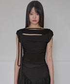 【Flare up】Asymmetrical Draped Strap Roll-Up T-Shirt [4 colors]