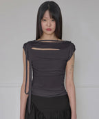 【Flare up】Asymmetrical Draped Strap Roll-Up T-Shirt [4 colors]