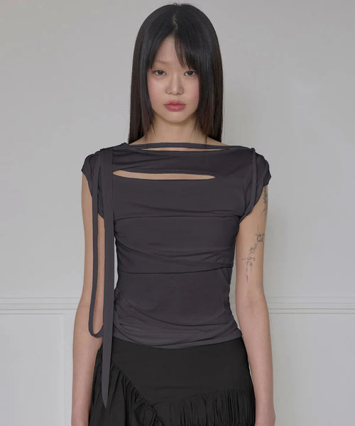 【Flare up】Asymmetrical Draped Strap Roll-Up T-Shirt [4 colors]