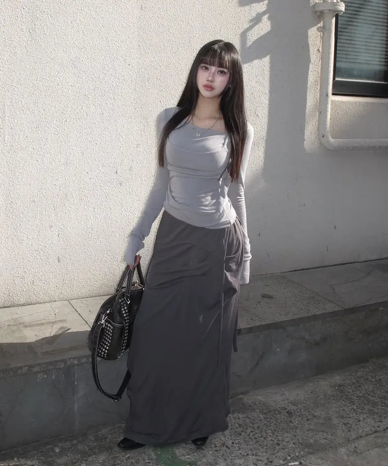 【Flare up】Asymmetrical Draped Long Skirt - 3 colors