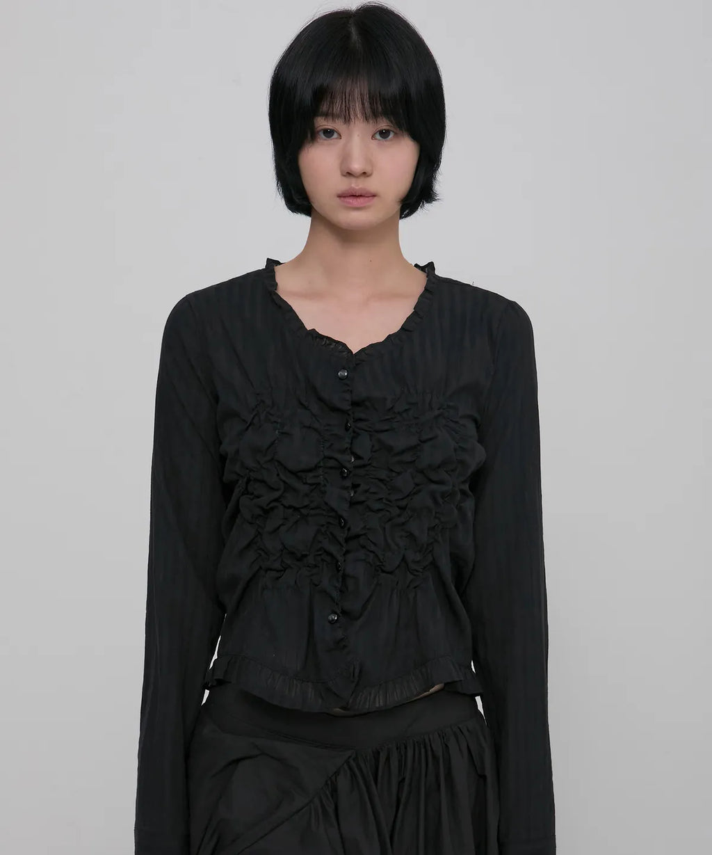 【Flare up】Saya Frill Puff Long Blouse [Black]