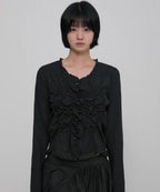 【Flare up】Saya Frill Puff Long Blouse [Black]
