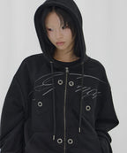 【Fancy Club】BIG CROSS EYELET HOODED ZIP-UP [Black]