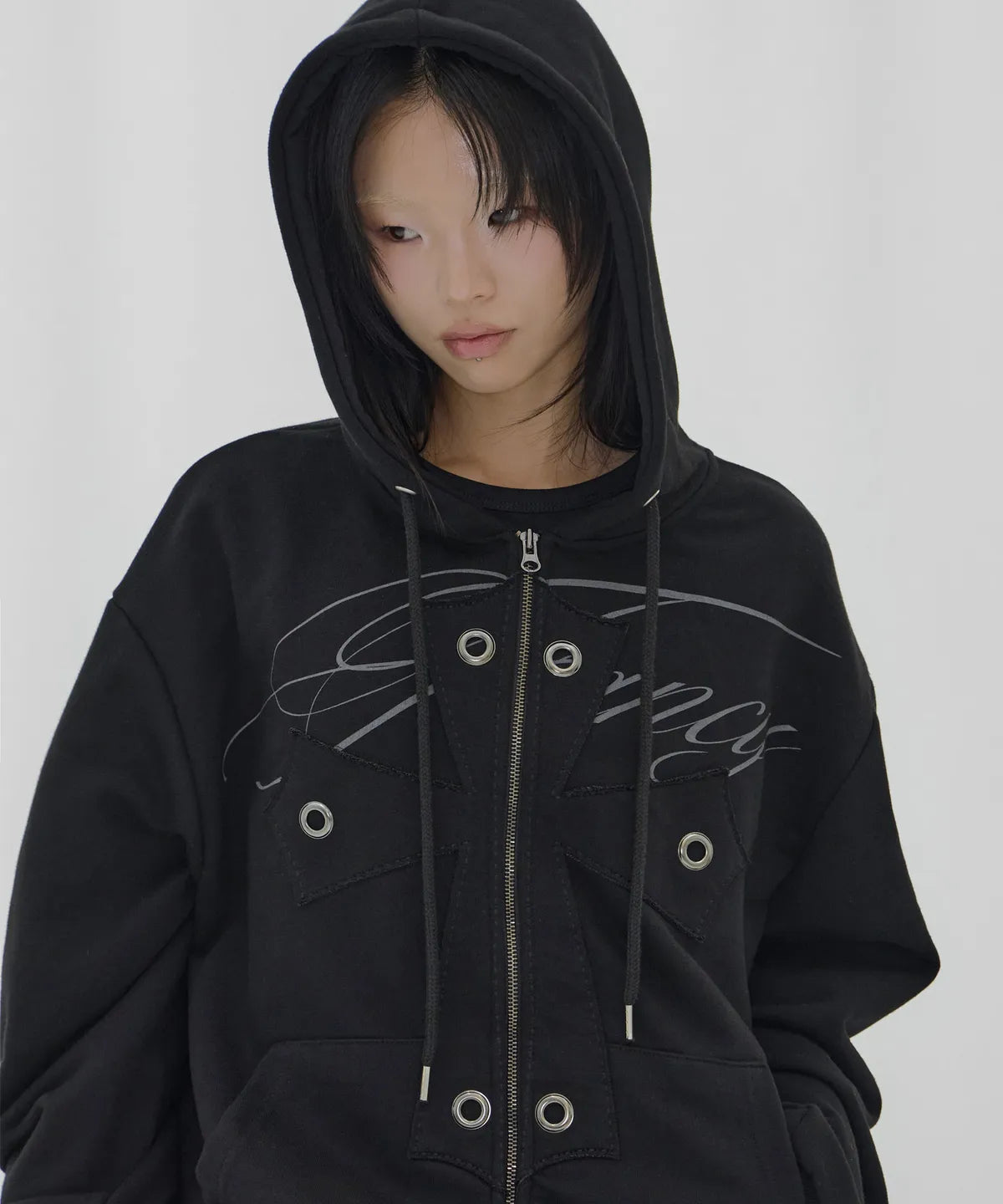 【Fancy Club】BIG CROSS EYELET HOODED ZIP-UP [Black]