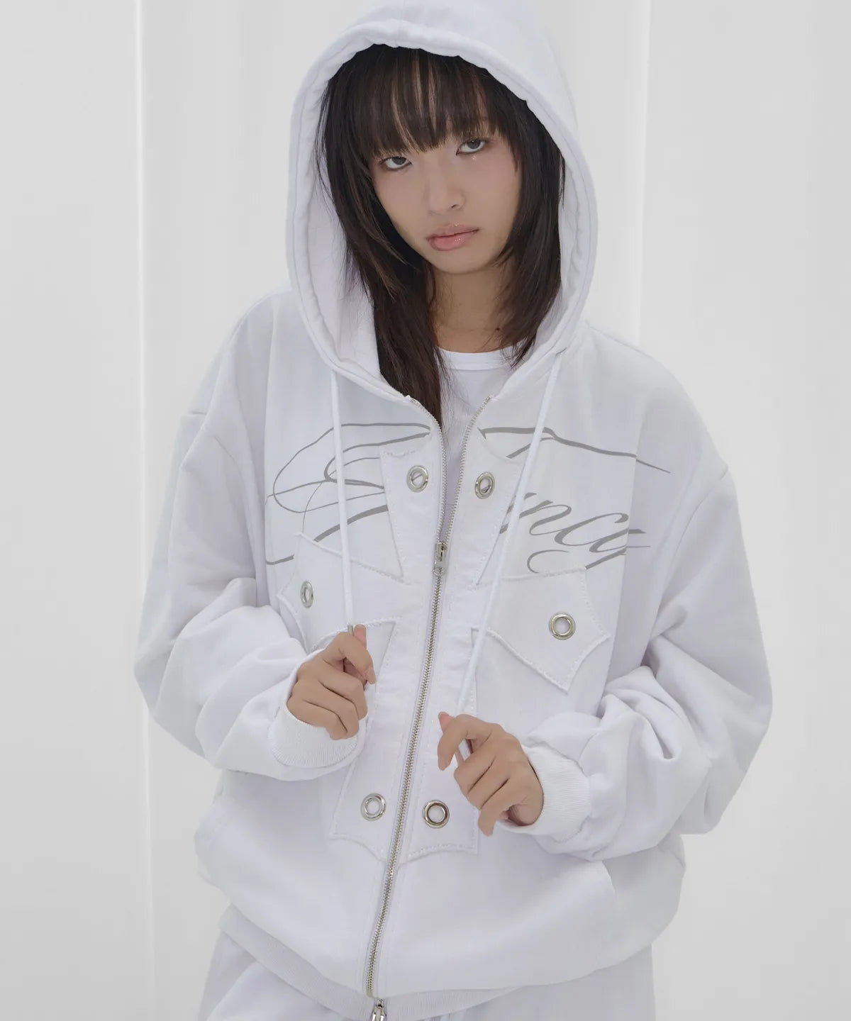【Fancy Club】BIG CROSS EYELET HOODED ZIP-UP [Black]