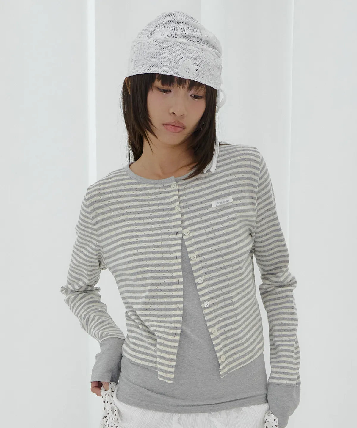 【Fancy Club】AIRY BUTTON CARDIGAN [Melange / Beige / Gray]