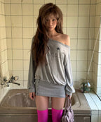 【Fancy Club】DRAWING STRIPE OFF-SHOULDER [Gray / Black]