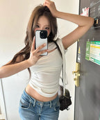 【Flare up】Asymmetrical Draped Strap Roll-Up T-Shirt [4 colors]