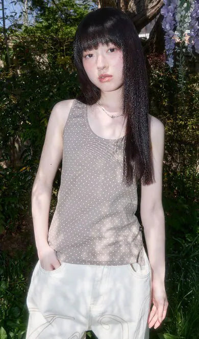 【Fancy Club】DOT BUTTON SLEEVELESS [Brown]