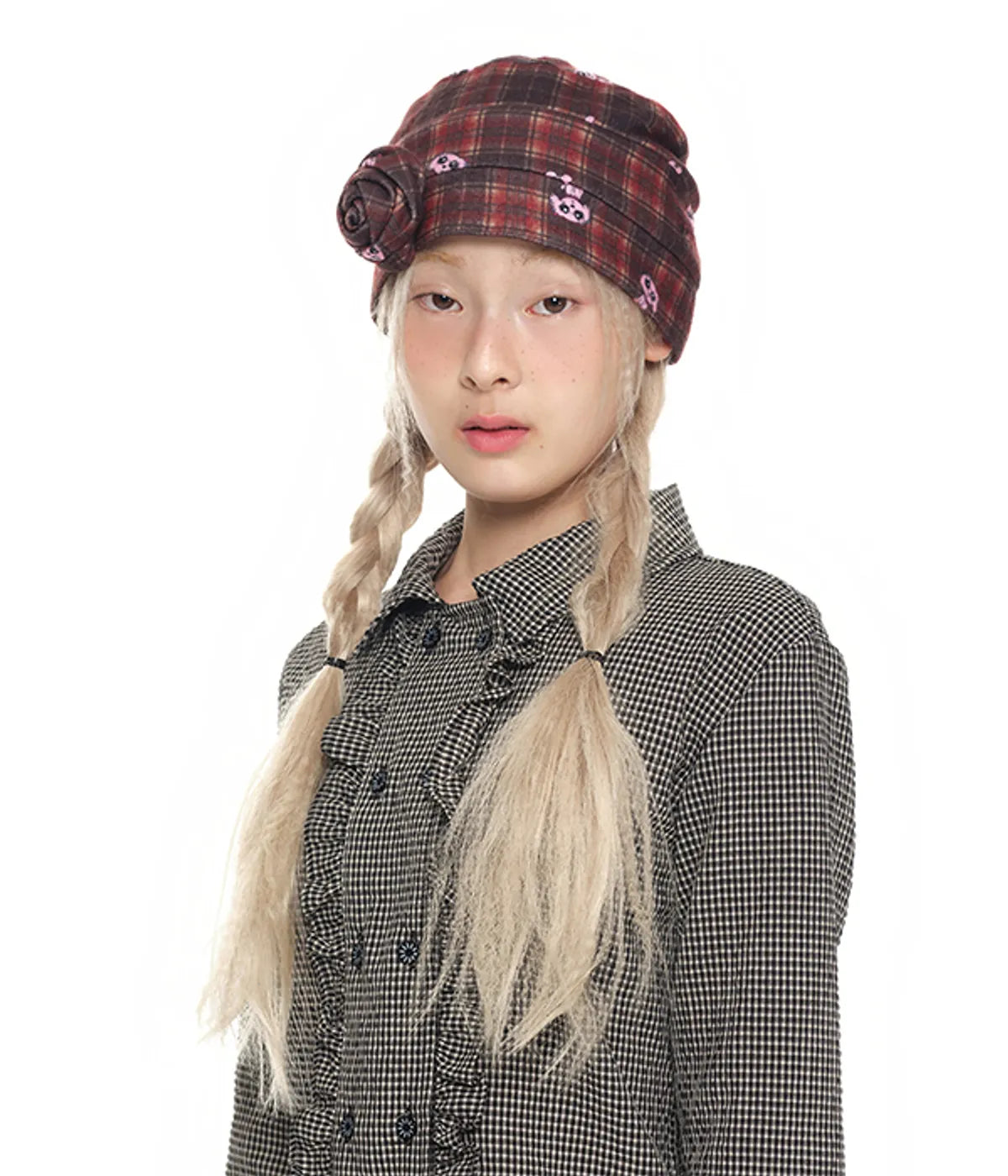 【youthbath】Corsage Checked Beanie - brown