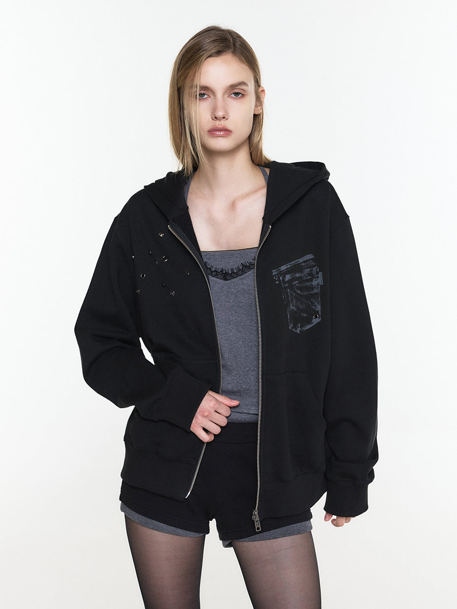 【3hreeto8ighty】EYELET POCKET HOODIE ZIP-UP - 2 colors
