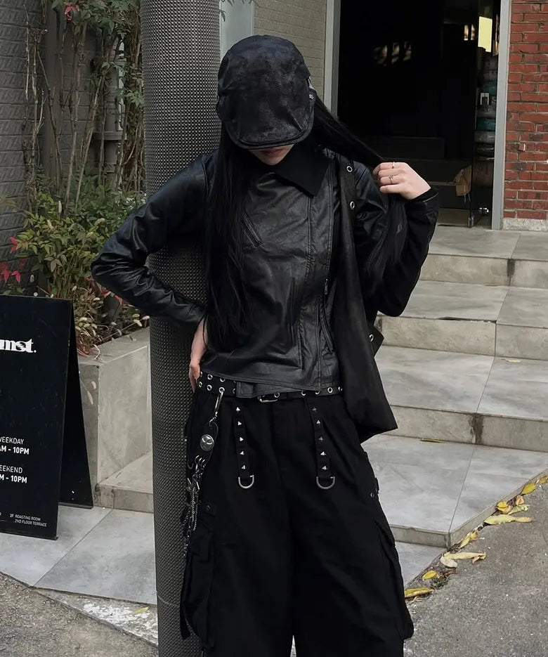 【Flare up】Asymmetrical Biker Leather Jacket [Leather / Black]