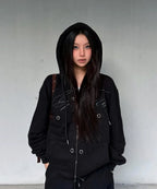 【Fancy Club】BIG CROSS EYELET HOODED ZIP-UP [Black]