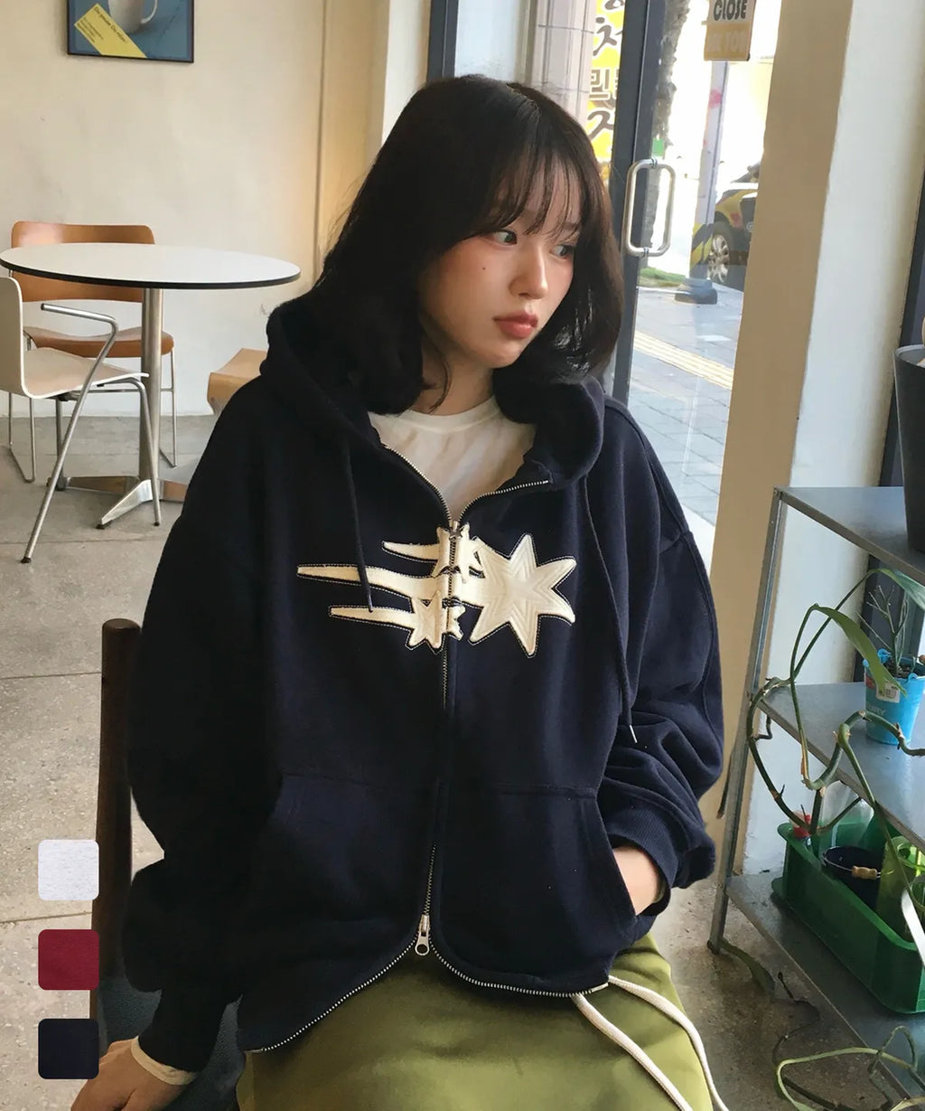 【niceghostclub】3STAR APPLIQUE HOODIE ZIP UP [NAVY / WHITE / BURGUNDY]