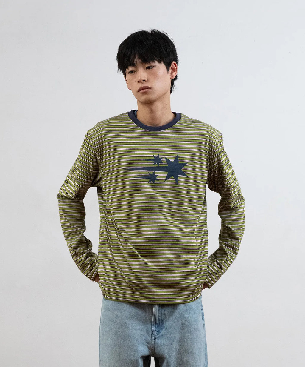 【niceghostclub】 STRIPE 3STAR TEE [ charcoal / green ]