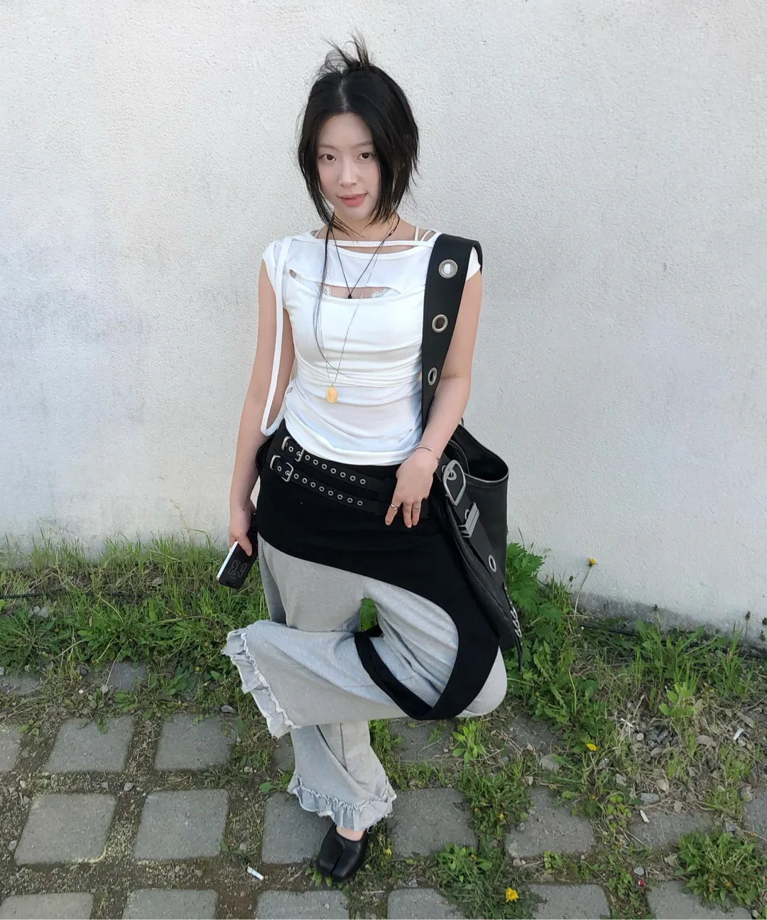 【Flare up】Asymmetrical Draped Strap Roll-Up T-Shirt [4 colors]