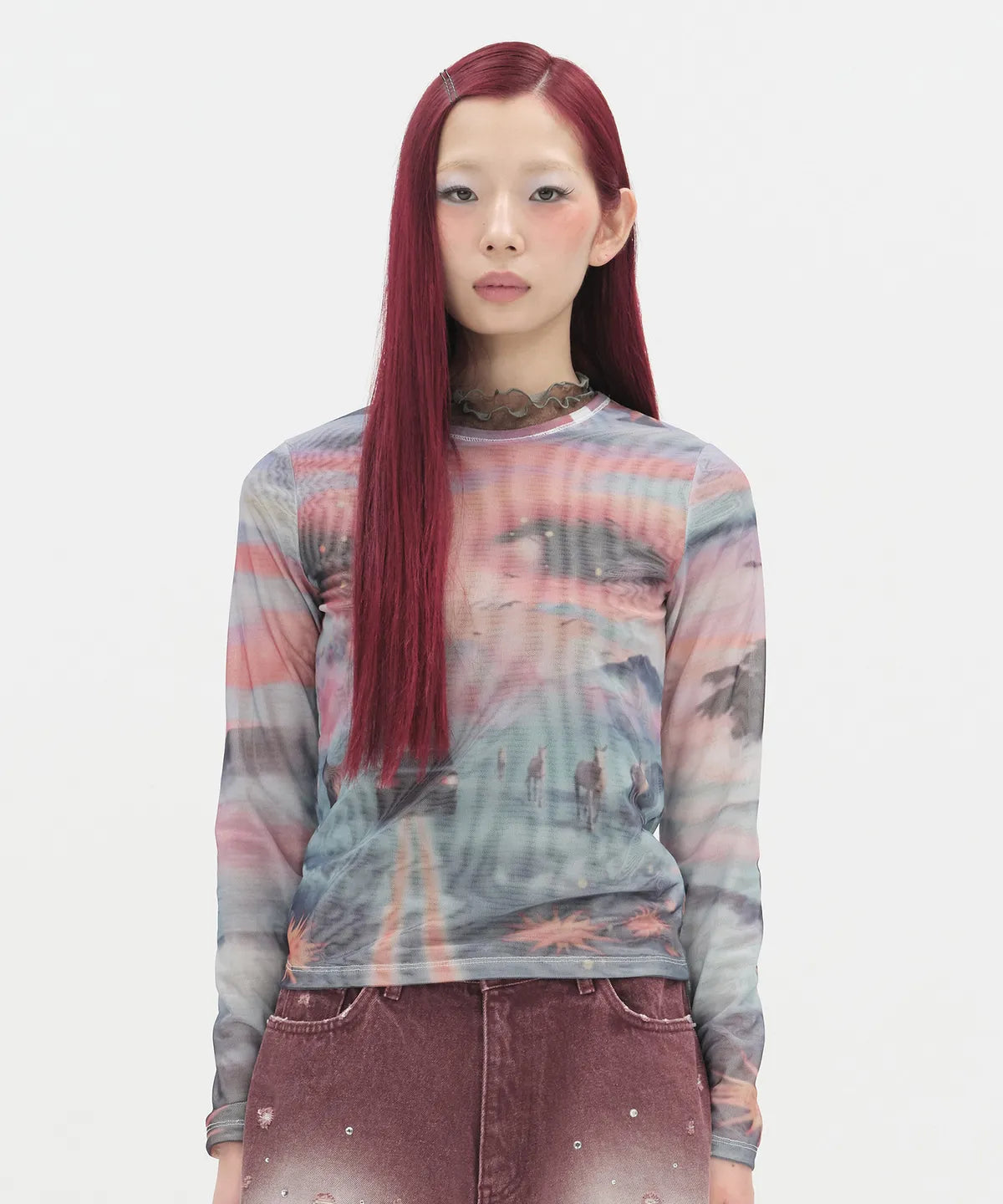 【typeservice】Sunset Eye Mesh Top [ Orange ]